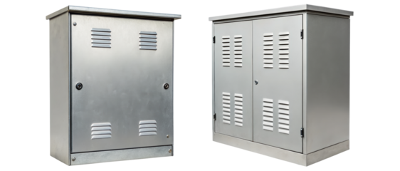 Two gray metal electrical control boxes on a transparent background
