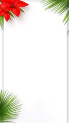 Obraz premium Vertical white blank background framed by red lilies and palm tree leaves creating a tropical summer vibe