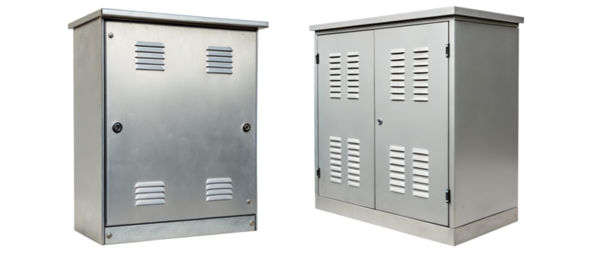 Two gray metal electrical control boxes on a transparent background