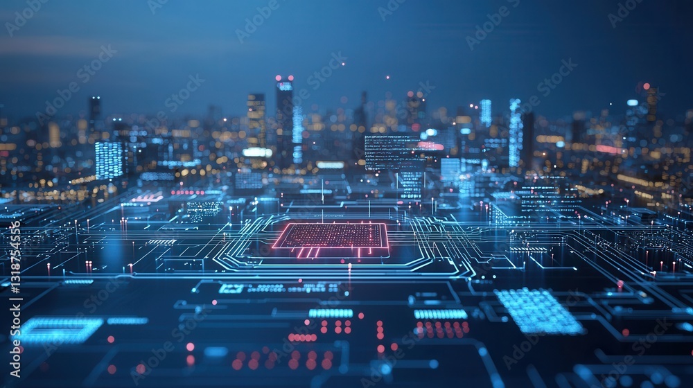 Poster futuristic metropolis with sprawling skyline illuminated tech infrastructure digital circuits data n