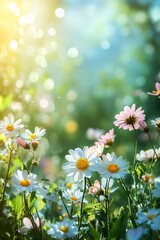 A field of white flowers with a bright blue sky in the background