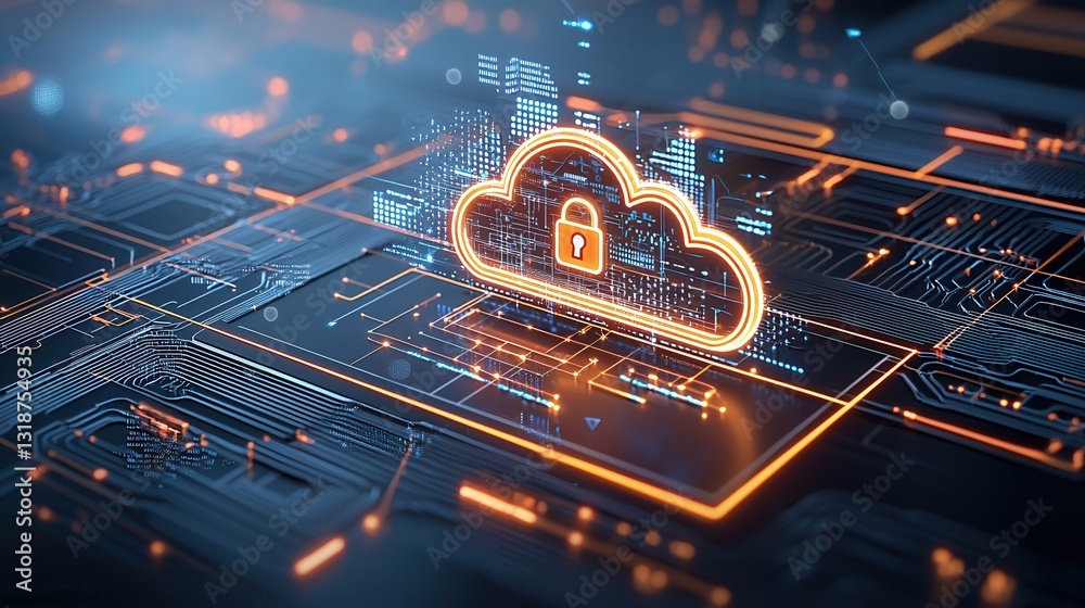 Poster futuristic cybersecurity visualization showcasing radiant cloud data protection digital intelligence