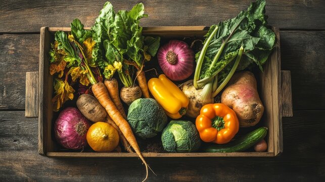 Rustic autumn harvest display with fresh farm vegetables and root crops arranged in a wooden box &ndash; top view composition featuring organic seasonal produce, including pumpkins, carrots, beets, and pota