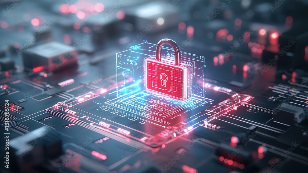 Poster futuristic digital security concept featuring a glowing encrypted lock icon and a complex high tech 