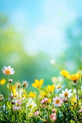 Fototapeta premium A field of flowers with a blue sky in the background
