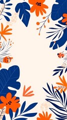 Fototapeta premium Tropical frame made of orange and blue flowers and leaves over a light beige background