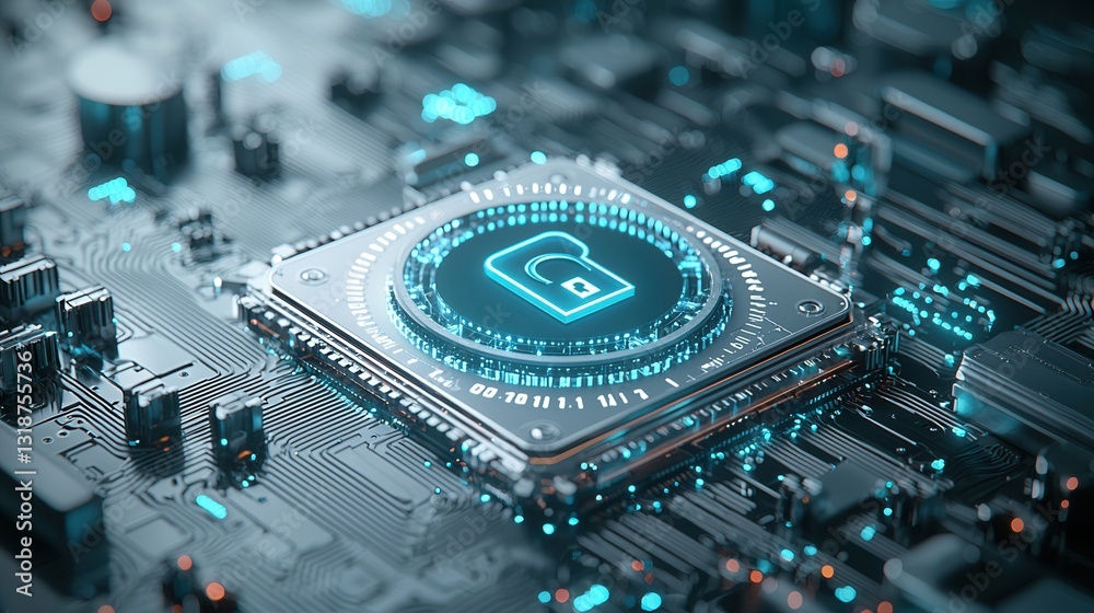 Poster high tech encryption and firewall protection concept with circuit board and digital processor advanc