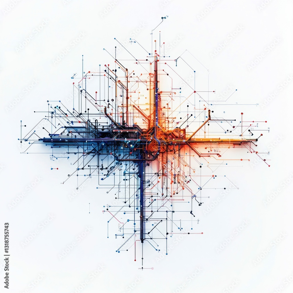 Poster intricate network of connected lines and points forming an abstract tech design on white.