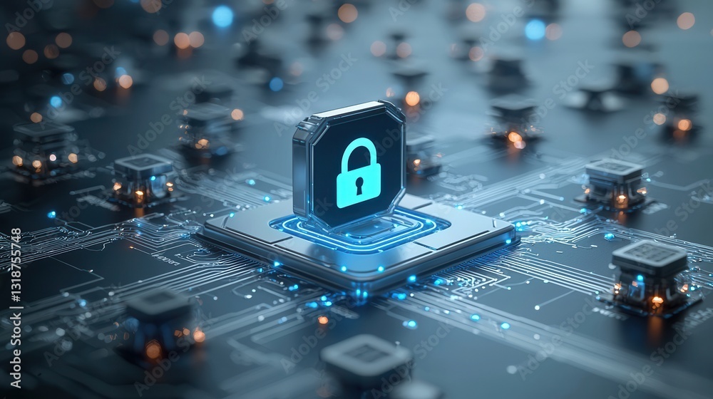 Poster high tech encryption and firewall protection concept featuring a digital circuit board with geometri