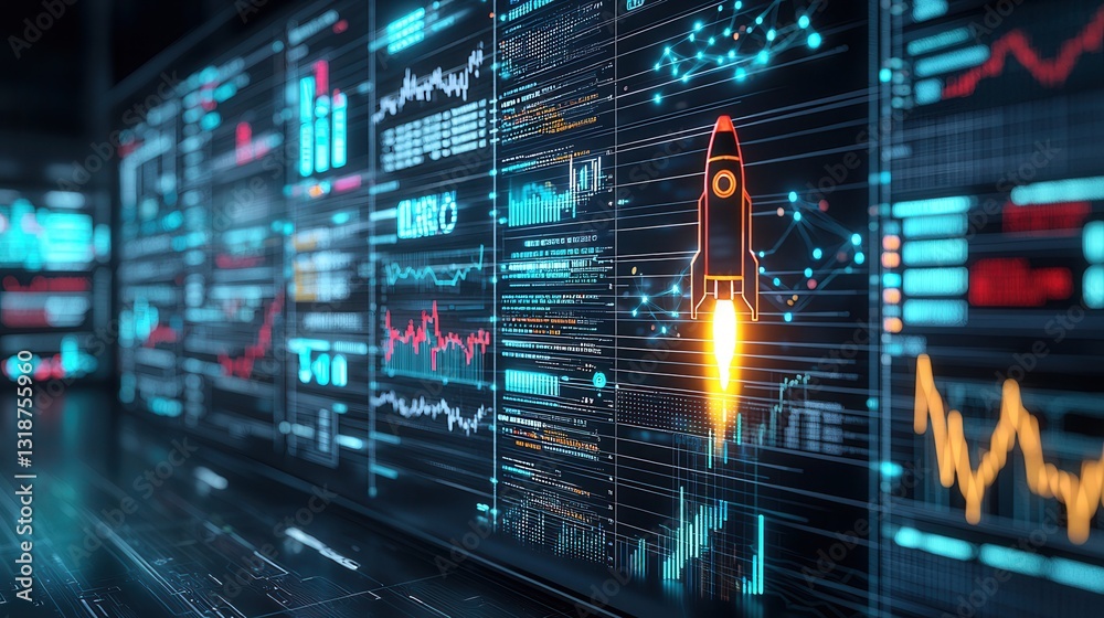 Poster futuristic digital dashboard displaying advanced financial analytics and data visualization for succ