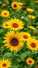 Obraz premium Sunflower daisy blooms in a lush green garden landscape, spring, wildflowers