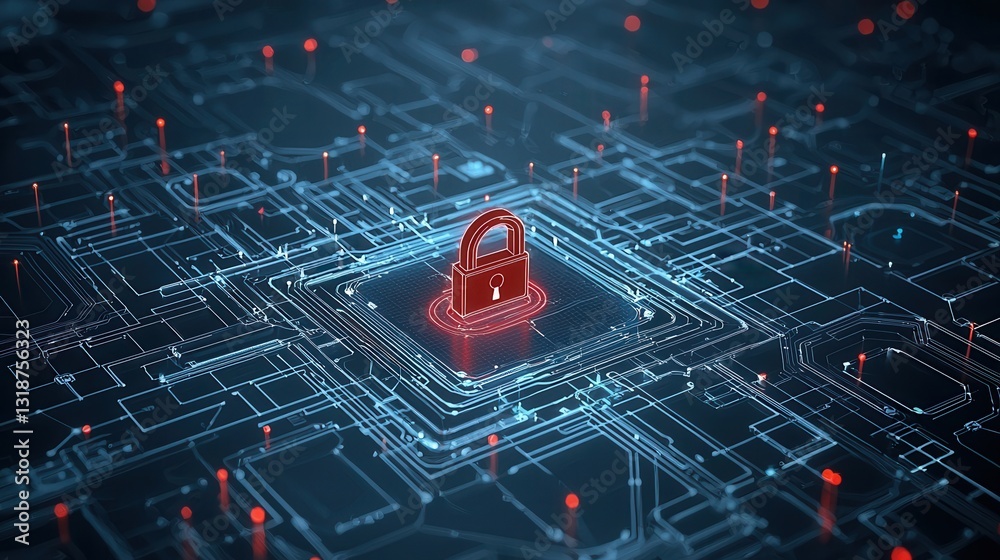 Poster futuristic digital depicting a complex maze like circuit grid system with a central glowing security