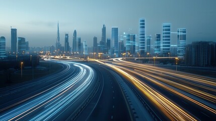 Obraz premium Vibrant futuristic cityscape with illuminated highway and skyscrapers at night Modern metropolitan area with smart technology and advanced infrastructure