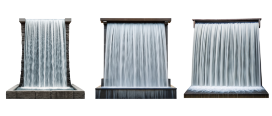 Three outdoor waterfall fountain designs on a transparent background