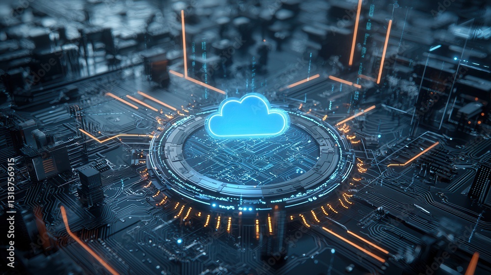 Poster futuristic 3d rendering of a high tech cloud computing visualization with a sleek modern digital int