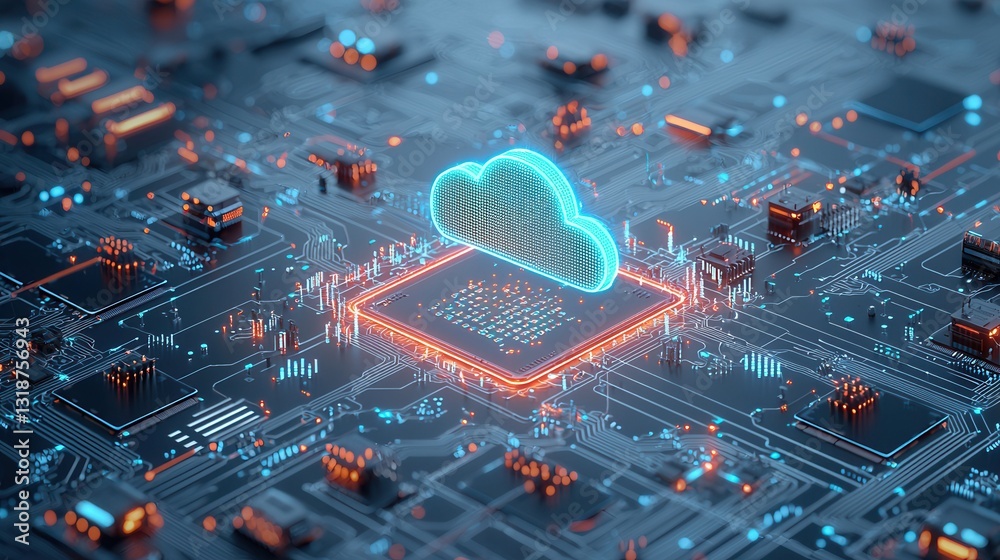 Poster futuristic 3d visualization of a cloud computing system with glowing digital circuits processors and