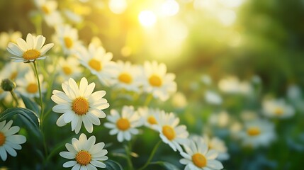 Fototapeta premium A field of white daisies with the sun shining on them