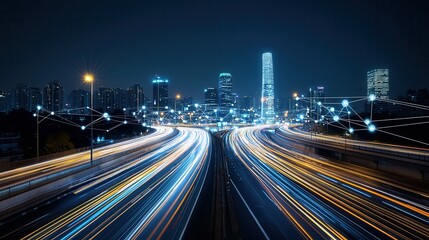 Obraz premium Futuristic cityscape of a hyper connected smart city at night with a dynamic skyline of sleek glass skyscrapers and blurred light trails from fast moving traffic representing the energy innovation
