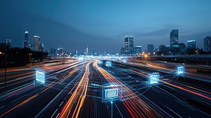 Fototapeta premium Hyper Connected Smart City Skyline Illuminating the Night with Futuristic Trails of Light A modern urban landscape showcasing a technologically advanced metropolis with sleek skyscrapers
