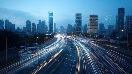 Fototapeta premium Aerial view of a hyper connected smart city skyline at night with skyscrapers highways and traffic lights creating a dynamic futuristic landscape