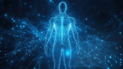 Medical science illustration of a holographic human body in digital blue light, symbolizing innovation in health and anatomy research