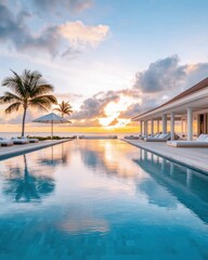 Fototapeta premium Experience a breathtaking sunset view from this luxurious beachfront villa with an infinity pool.