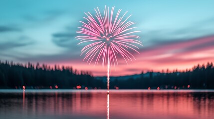 A vibrant firework bursts above a tranquil lake, surrounded by trees, casting a colorful reflection in the water at sunset.