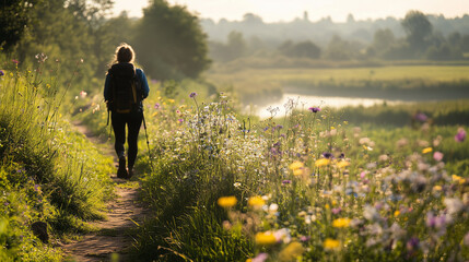 Suffolk Walking Festival, an intimate portrait of a hiker pausing on a trail, capturing the vibrant colors of blooming wildflowers and the tranquil riverside, their joy reflected in their relaxed post