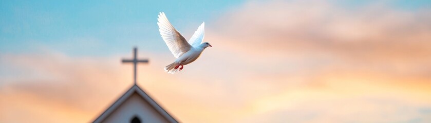A serene image of a dove flying against a colorful sky, with a church steeple and cross in the background, symbolizing peace and spirituality.