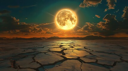 A large, bright yellow moon shines over a desolate, cracked earth.