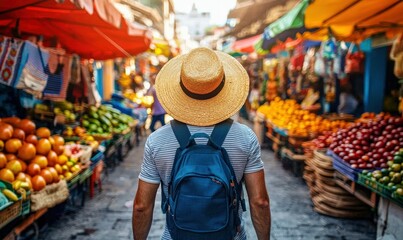 Obraz premium A tourist strolls through a lively marketplace brimming with colorful fruits and vegetables.
