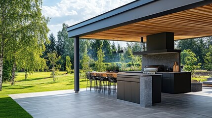 A modern backyard kitchen with proper ventilation, underground drainage, and a sleek aesthetic.