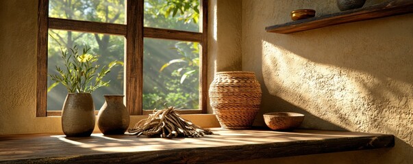 Embrace the serene beauty of nature with this sun-drenched windowsill scene featuring artfully arranged dried roots and woven baskets, a testament to cozy organic vibe Discover the rustic charm and