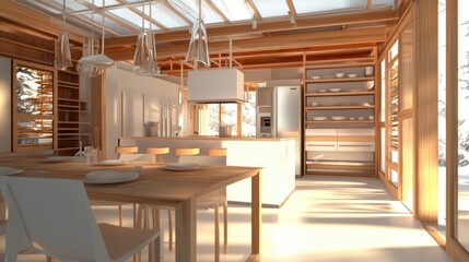 A modern kitchen extension with a polycarbonate roof ensuring even light distribution.