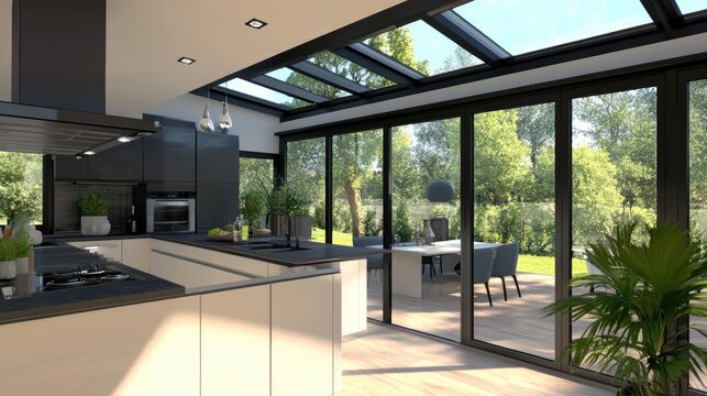 A modern kitchen extension with a partially transparent roof, balancing brightness and shade.
