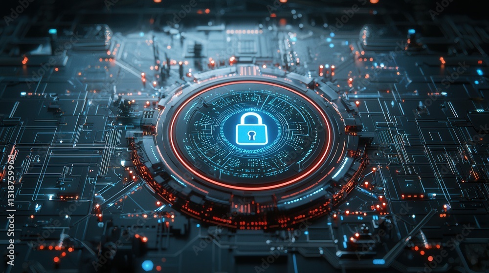 Poster hyper detailed digital security artwork featuring a secure lock icon and various futuristic cyber el