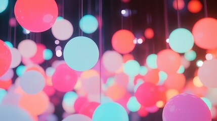 Vibrant Hanging Spheres of Light in a Colorful Abstract Installation with Pink Blue and Red Glowing Orbs Creating a Dreamlike Atmosphere