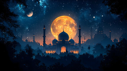 Night Cityscape with Illuminated Mosque under Orange Moon and Starry Sky