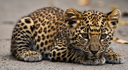 Naklejka premium Adorable leopard cub rests peacefully soft light illuminates its spots. AI Generated