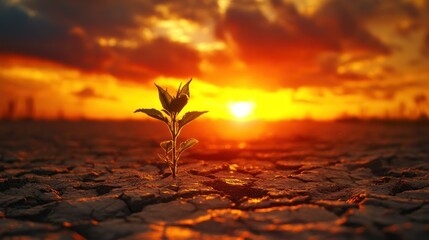 A small plant sprouting through cracked earth under a blazing sunset