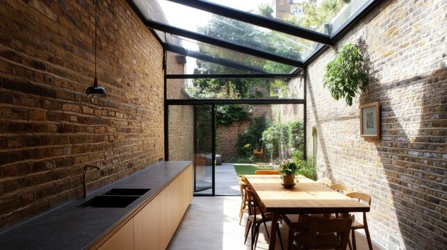 A narrow kitchen extension with a polycarbonate roof allowing natural light to brighten the space.