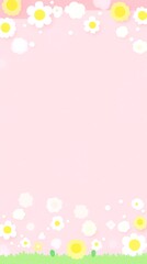 Pink floral background with white flowers and green grass perfect for spring and summer projects