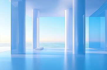 Fototapeta premium Serene Modern Architecture Overlooking Tranquil Ocean Waves with Soft Blue Hues 