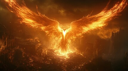 A phoenix rises from the ashes, its fiery wings spread wide in a dramatic display of rebirth.