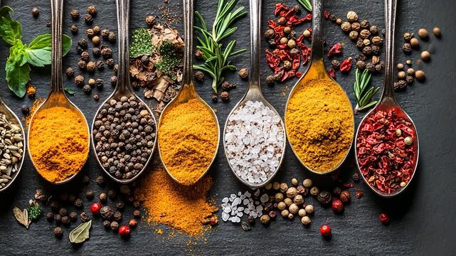 Colorful assortment of spices in metal spoons on a dark surface
