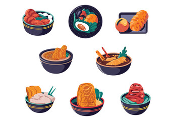 Food Bowl Vector Set: Diverse Asian Meal Illustrations Download this set of diverse food bowl vectors! Perfect for restaurant menus, food blogs, Asian cuisine graphics, and recipe illustrations. 