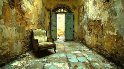 Abandoned prison hallway with antique chair