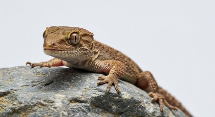 Naklejka premium Cute gecko lizard basking softly in bright studio light perched on grey rock. AI Generated