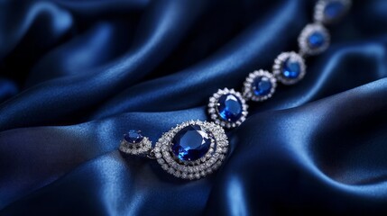 Fototapeta premium A stunning bracelet adorned with sparkling sapphires and brilliant diamonds rests gracefully on luxurious blue satin