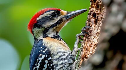 Red and black woodpecker is perched on a tree branch. The bird has a red cap and a black and white pattern on its body